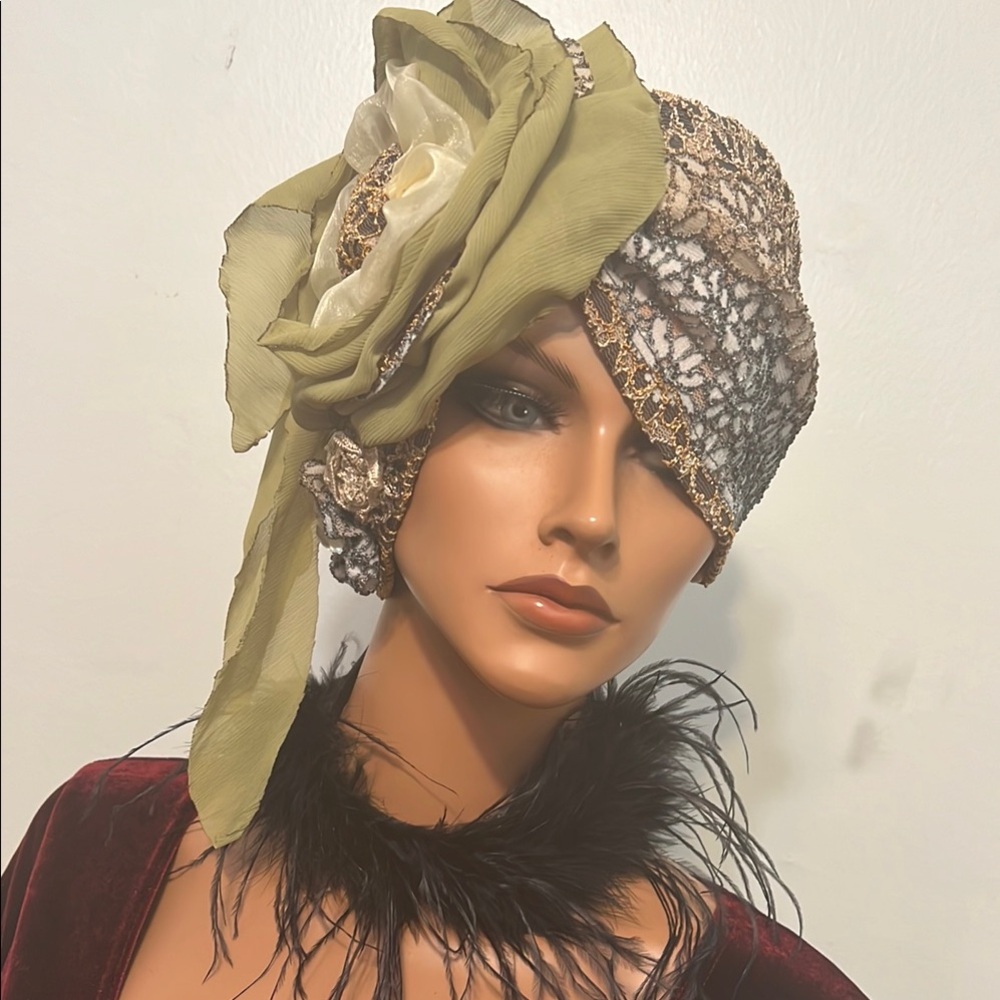 Turban Flapper Hat Cloche Lace Antique style Wrap Daytime Wedding 20s Church